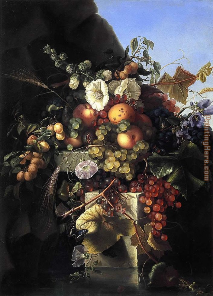 Still Life with Grapes_ Peaches_ Flowers and a Butterfly painting - Adelheid Dietrich Still Life with Grapes_ Peaches_ Flowers and a Butterfly art painting